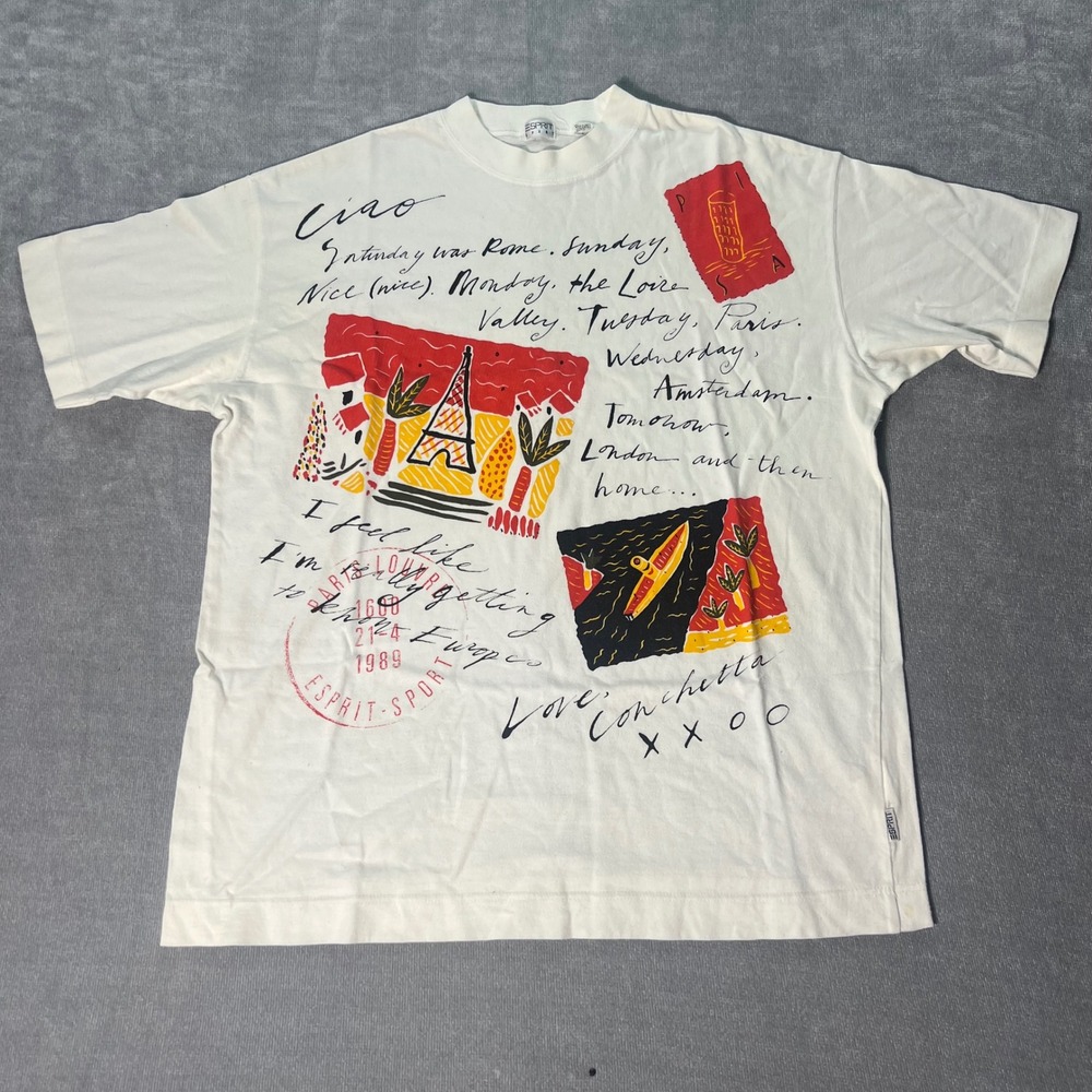 Vintage 1989 Esprit Sport Ciao Europe Travel Graphic T-Shirt White Medium Japan